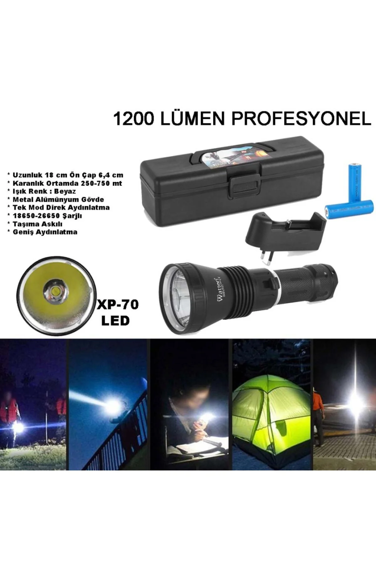 1200 LÜMEN PROFESYONEL ŞARJLI EL FENERİ WATTON WT-655