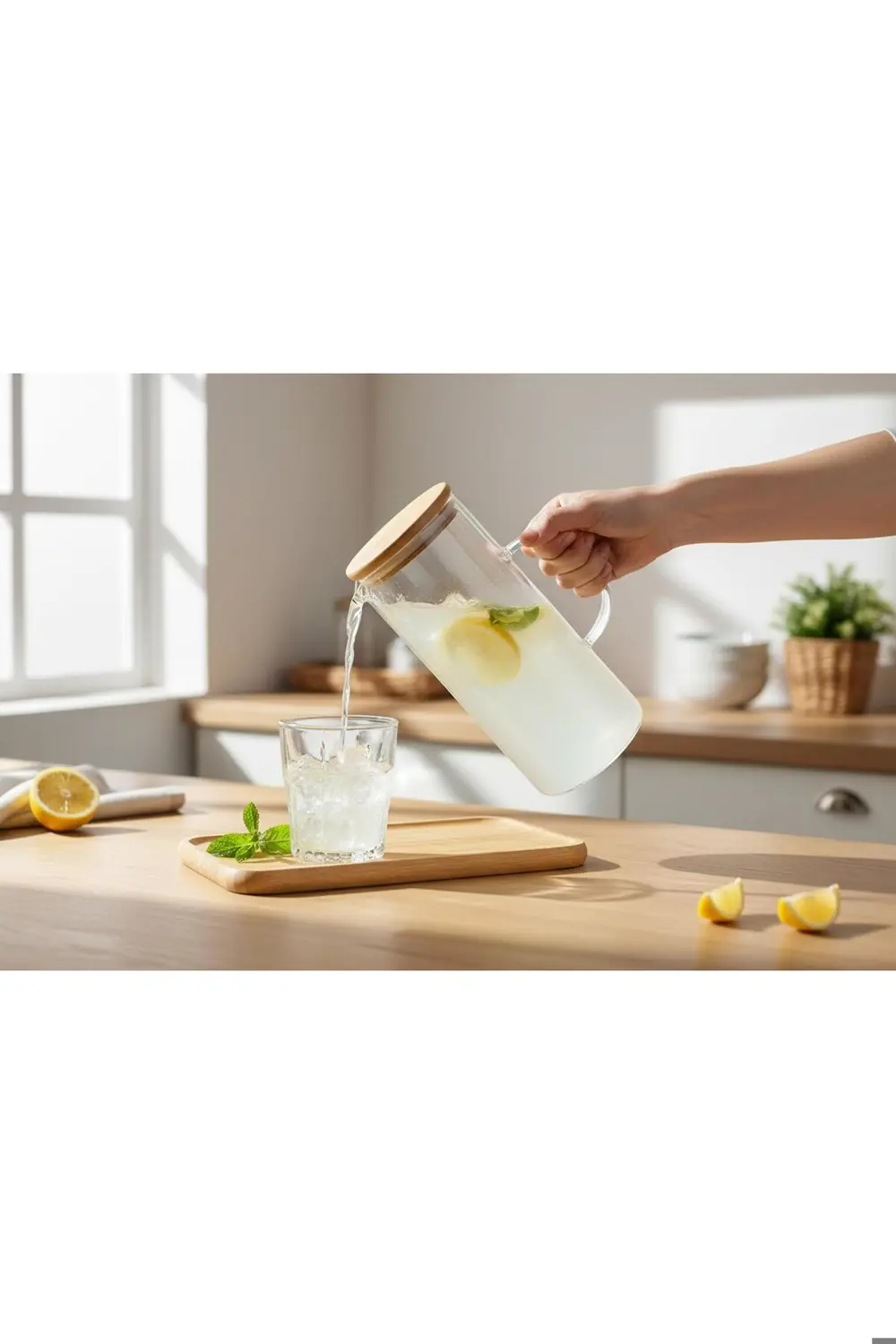 Kaveh 1200 Ml İsıya Dayanıklı Bambu Kapaklı Sürahi