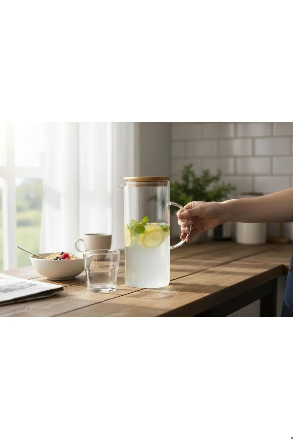 Kaveh 1200 Ml İsıya Dayanıklı Bambu Kapaklı Sürahi