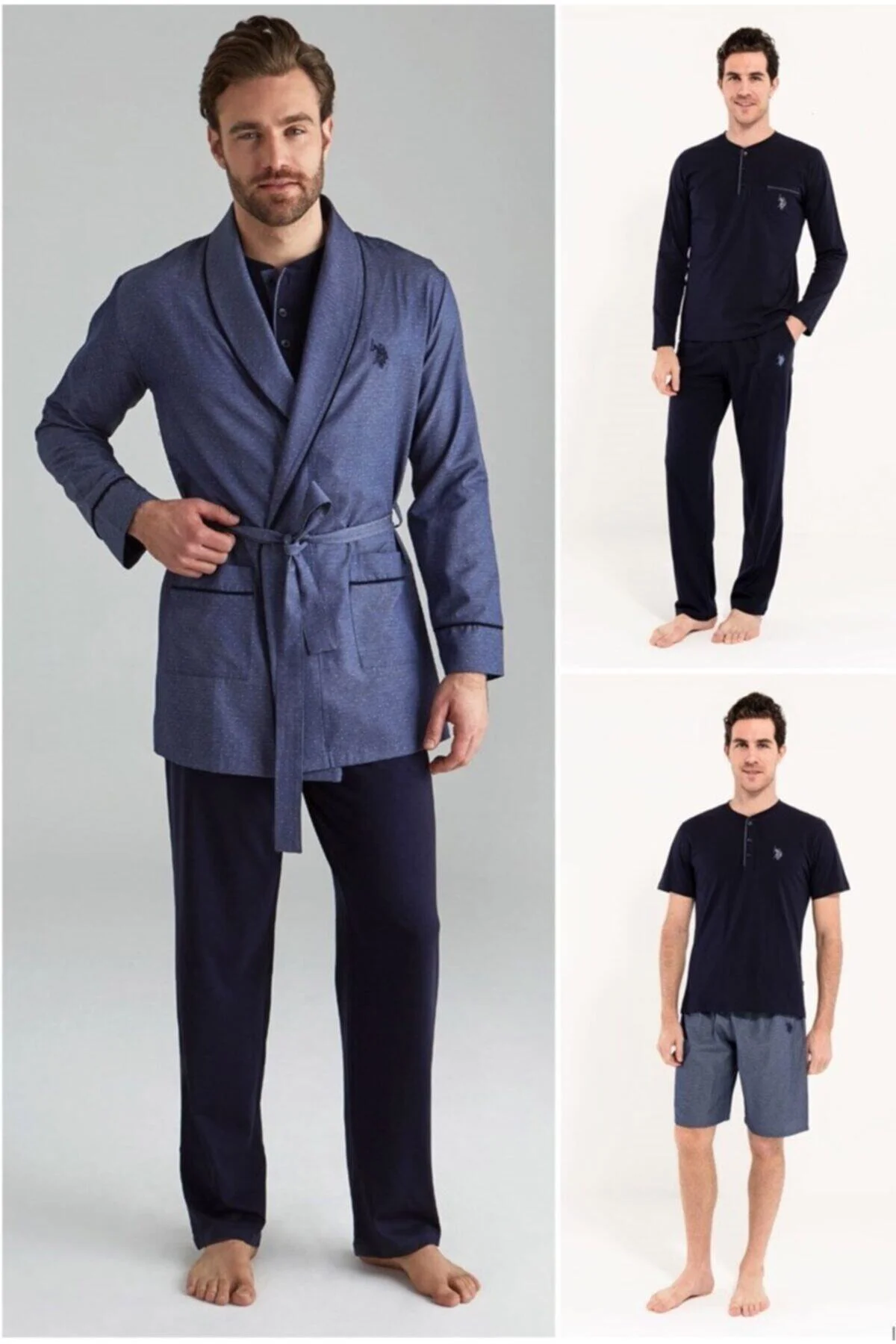 12000 Erkek Lacivert Sabahlık Pijama Şort 5'li Set Takım