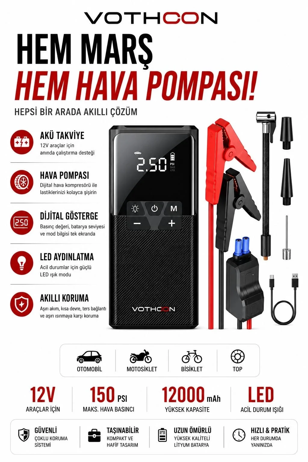 12000 Mah Akıllı Akü Takviye Ve Dijital Hava Pompası Akım Korumalı 12000 Mah Akıllı Akü Takviye Ve Dijital Hava Pompası Akım Korumalı