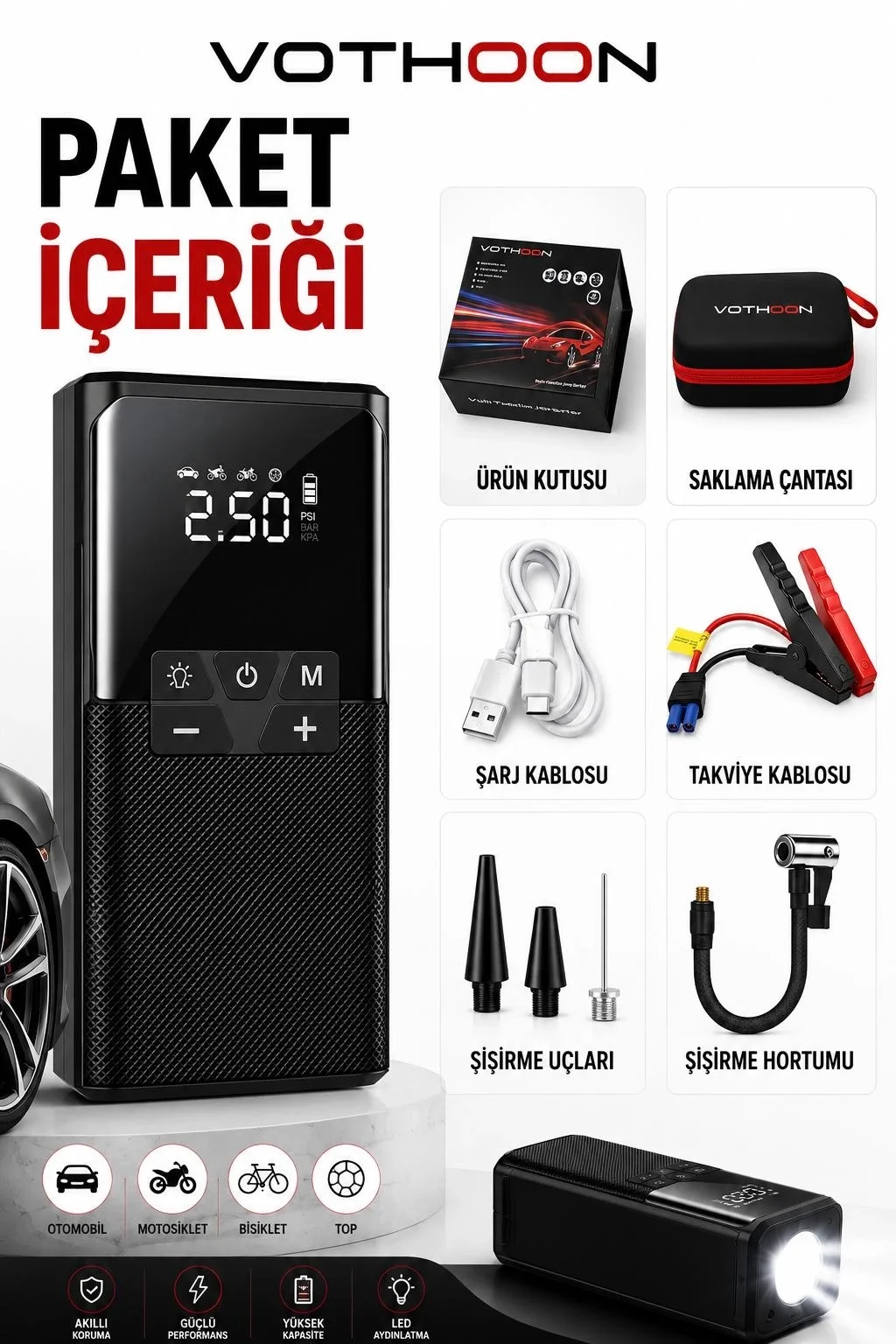 12000 Mah Akıllı Akü Takviye Ve Dijital Hava Pompası Akım Korumalı 12000 Mah Akıllı Akü Takviye Ve Dijital Hava Pompası Akım Korumalı