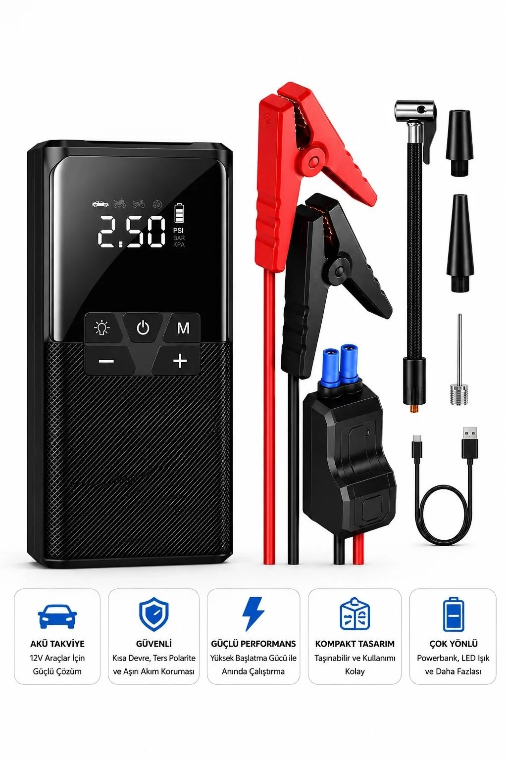 12000 Mah Akıllı Akü Takviye Ve Dijital Hava Pompası Akım Korumalı 12000 Mah Akıllı Akü Takviye Ve Dijital Hava Pompası Akım Korumalı