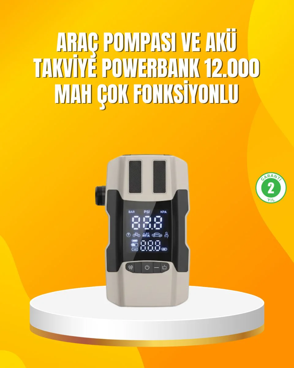 12000 mAh Akü Takviye Powerbank Dahili Hava Dijital Ekranlı