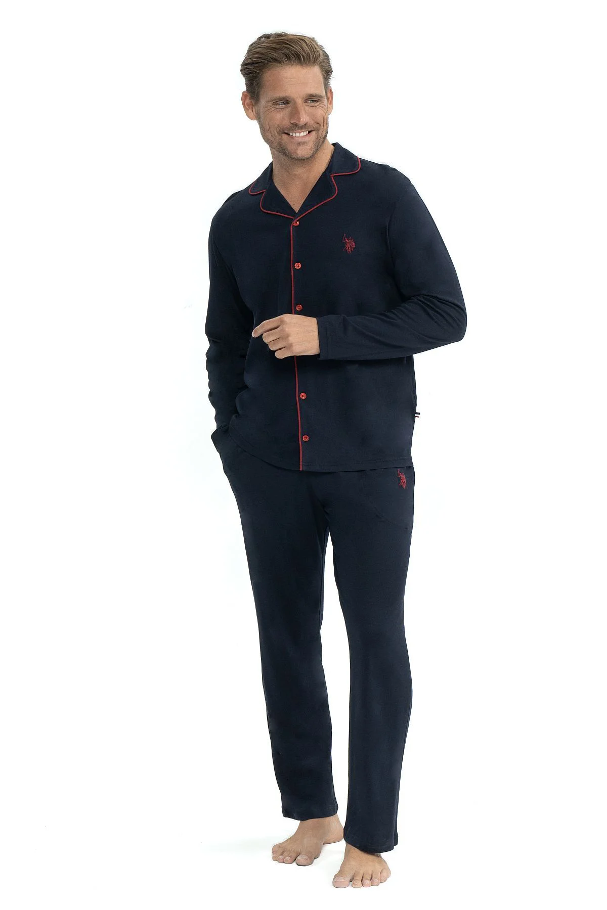12039 Erkek Lacivert Uzun Kollu Önden Düğmeli Gömlek Pijama Takım