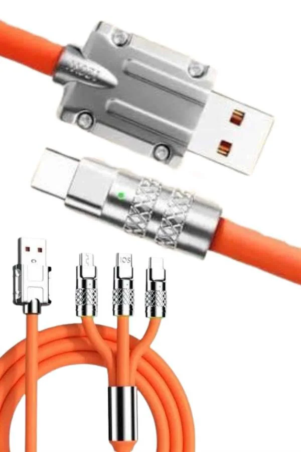 120W 3 İn 1 Hızlı Şarj Kablosu - Silikon ve USB Type-C