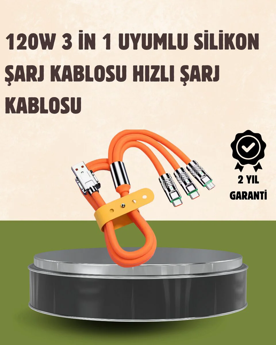 120W 3'lü Çok Amaçlı Şarj ve Veri Aktarım Kablosu - 1,2m Yüksek Hızlı USB-C