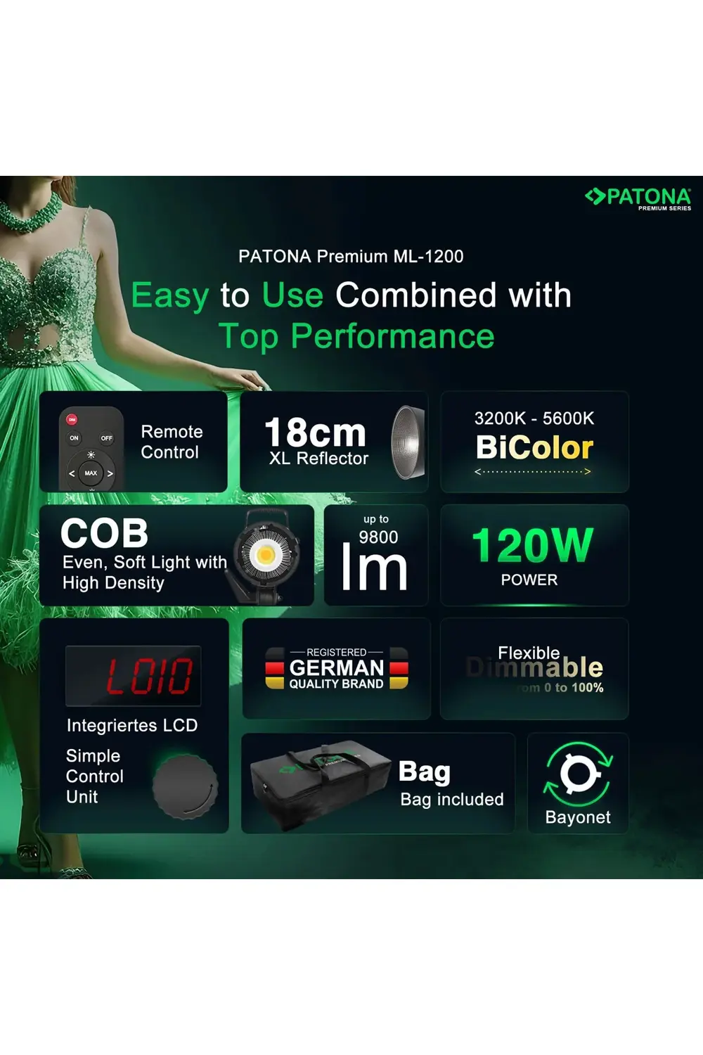 120W COB ML-1200 Bi Color Fotoğraf ve Video ışığı