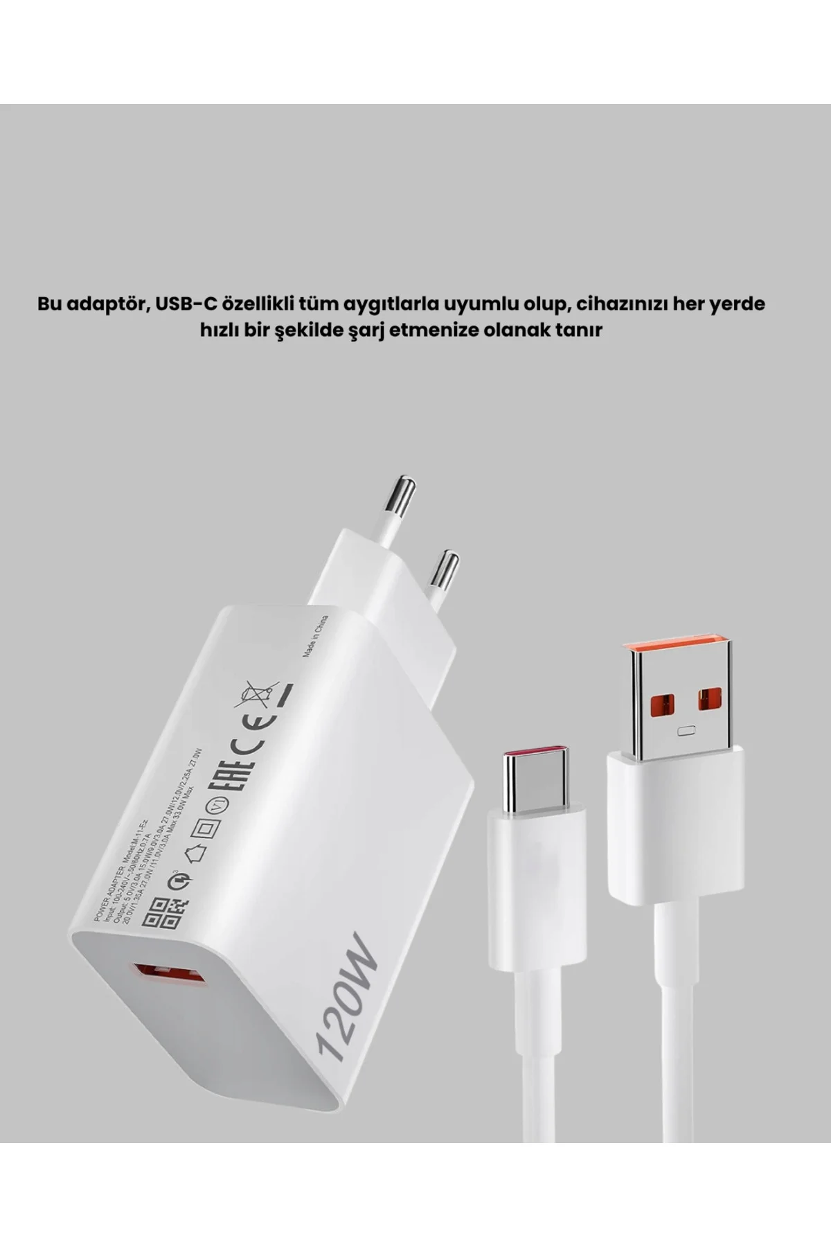120W Hızlı Şarj Başlığı Ultra Güçlü Type-C Adaptör Kablo Dahil