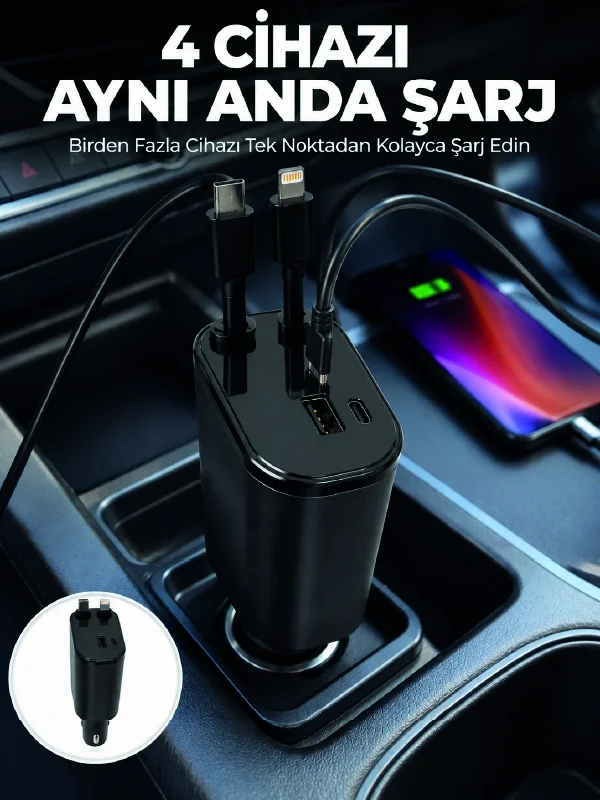 120W Hızlı Şarj Destekli 4'ü 1 Arada Araç Şarj Cihazı Type-C, Lightning, USB ve USB-C Çıkışlı