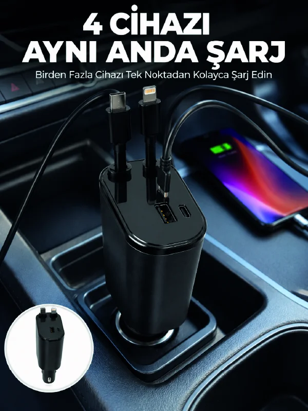 120W Hızlı Şarj Destekli 4'ü 1 Arada Araç Şarj Cihazı Type-C, Lightning, USB ve USB-C Çıkışlı Fiyatı, Yorumları ve Özellikleri