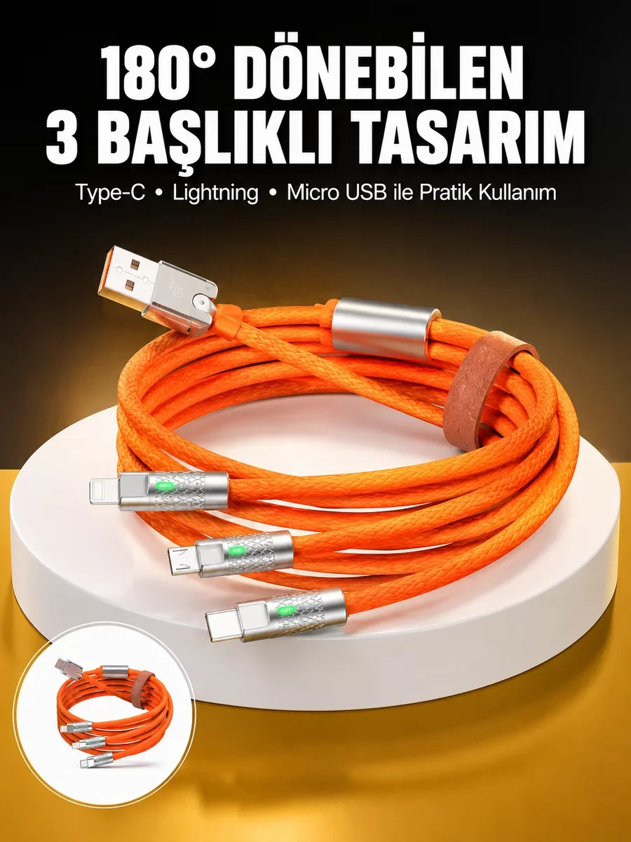 120W Hızlı Şarj Kablosu - 3-in-1 Uyumlu Silikon Kablo (Type-C 180° Dönen)