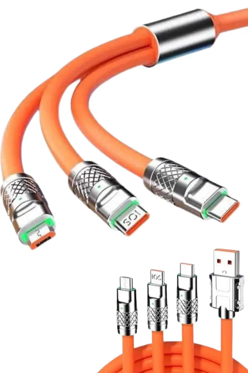 120W Hızlı Şarj Kablosu - 3-in-1 Uyumlu Silikon Kablo (Type-C 180° Dönen)