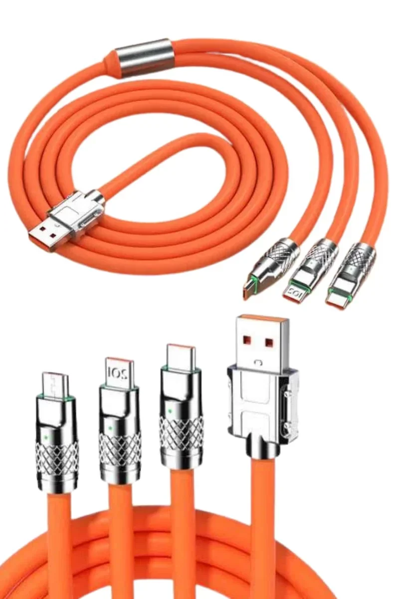 120W Hızlı Şarj Kablosu - 3-in-1 Uyumlu Silikon Kablo (Type-C 180° Dönen)