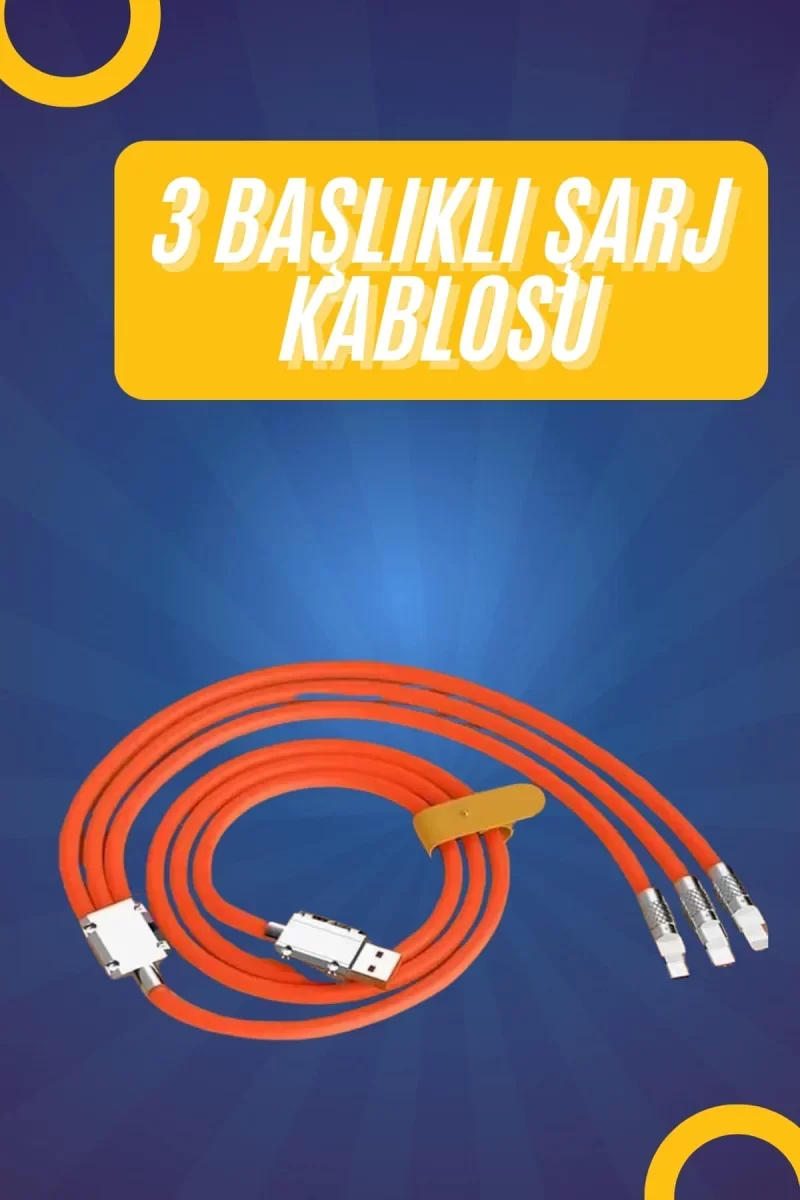 120W Silikon Metal Uçlu LED Işıklı 3 In1 Şarj Kablosu 1.2m - Lisinya