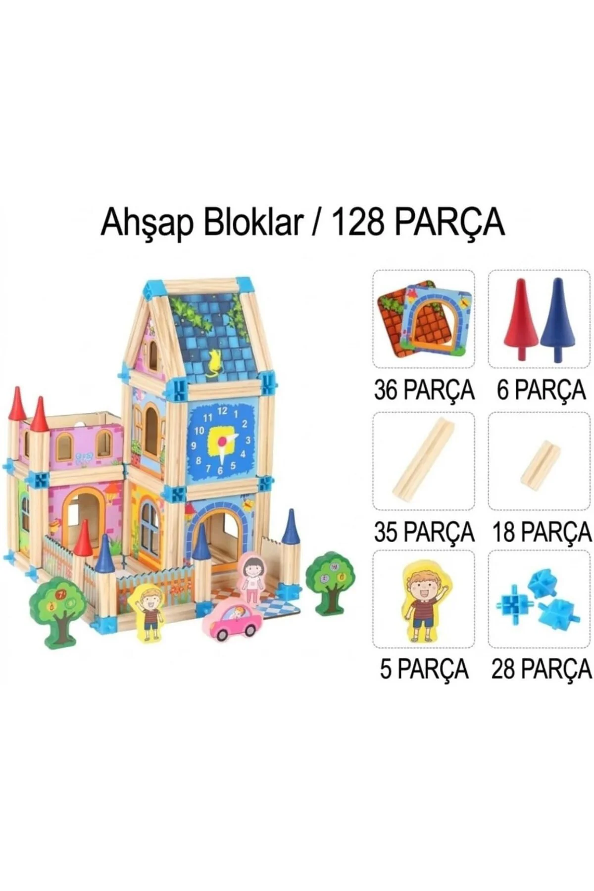 128 Parça Ahşap Yapı Blokları - Eğitici Maket Ev İnşaat Seti - Mo
