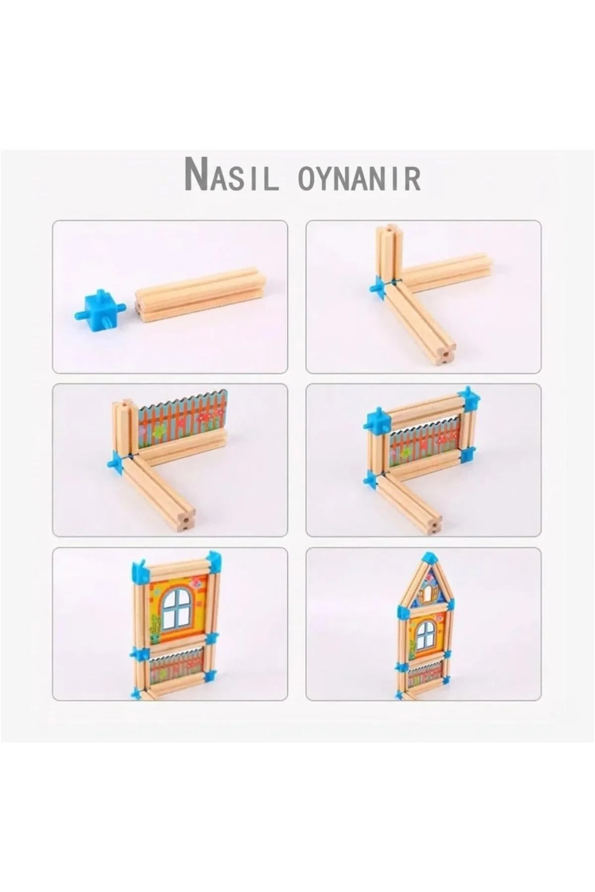 128 Parça Ahşap Yapı Blokları - Eğitici Maket Ev İnşaat Seti - Mo