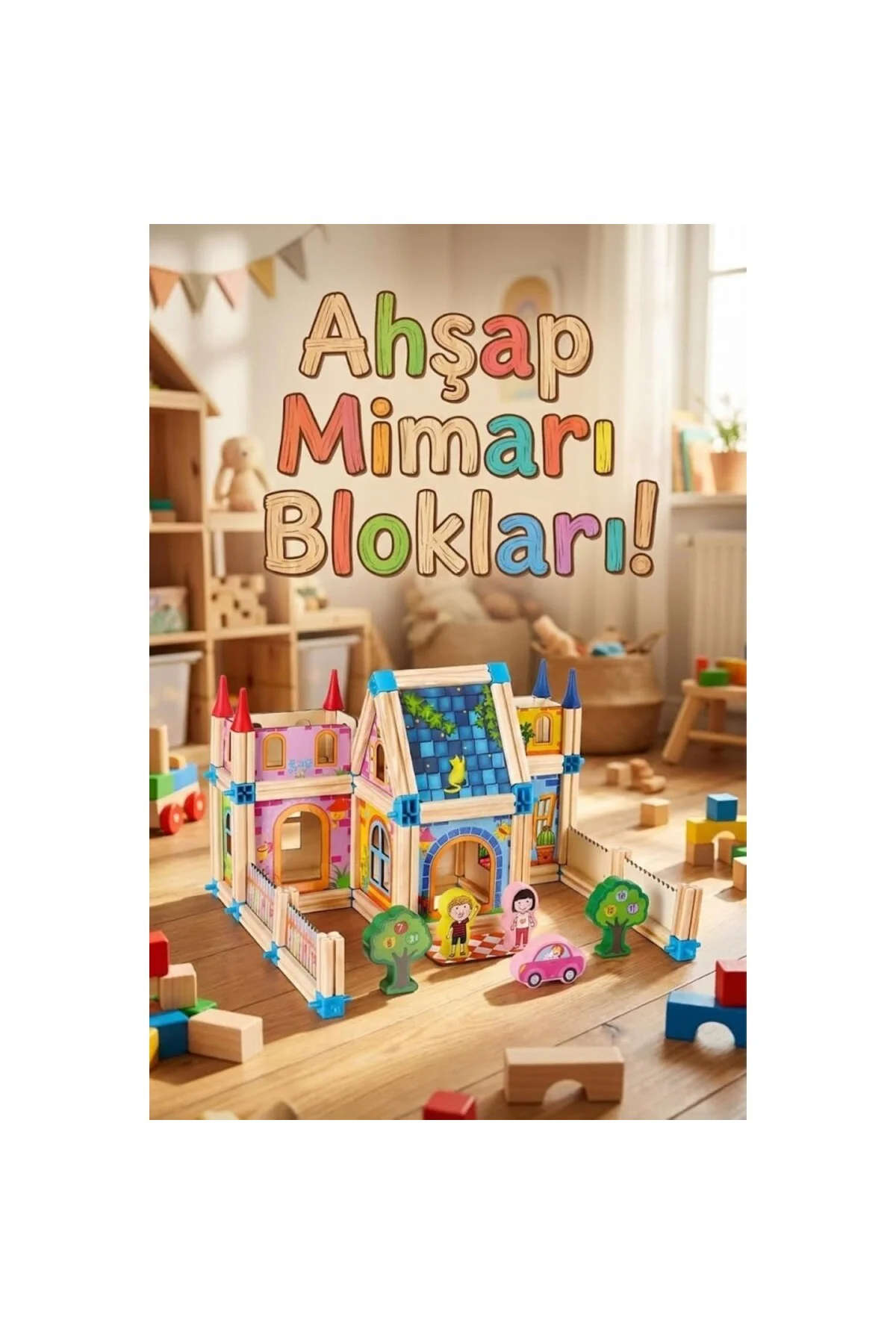 128 Parça Ahşap Yapı Blokları - Eğitici Maket Ev İnşaat Seti - Mo