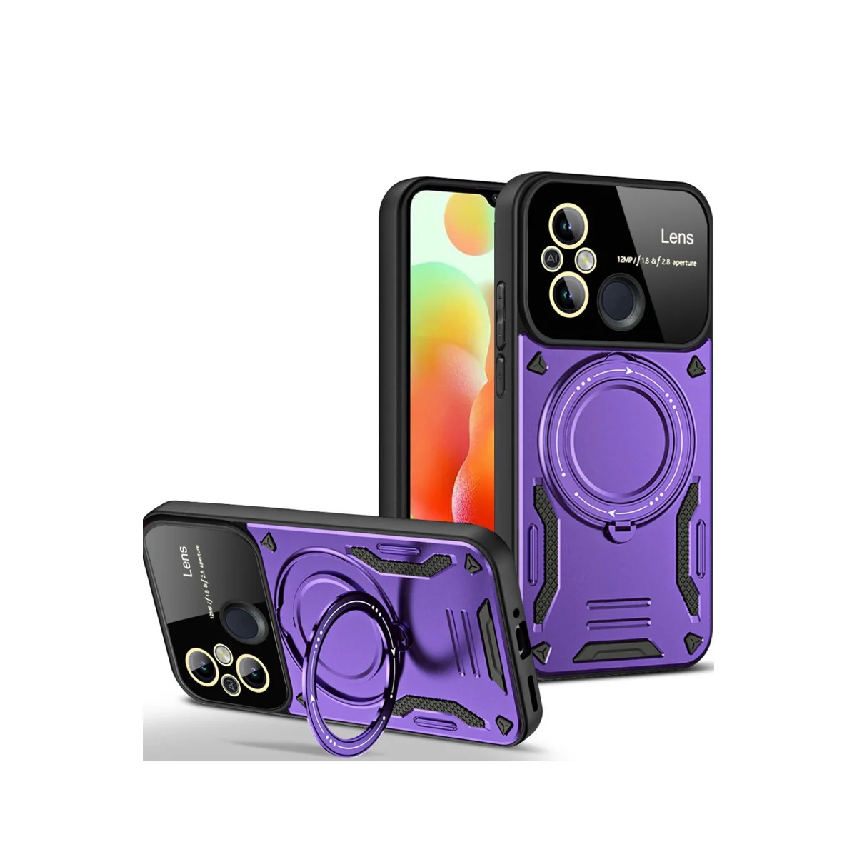 12C Kılıf Joy Lens Standlı Kapak - Mor (360° Döner Parmak Halkası ve Askeri Darbe Korumalı)