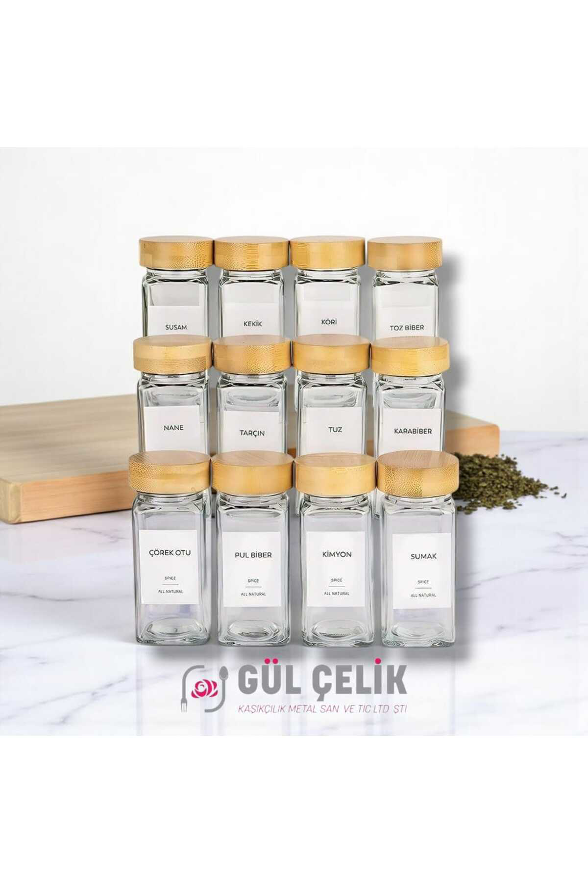 Kaveh 12'Li Bambu Kapakli Baharat Kavanozu Serpme Başlikli Çeyizlik Bah