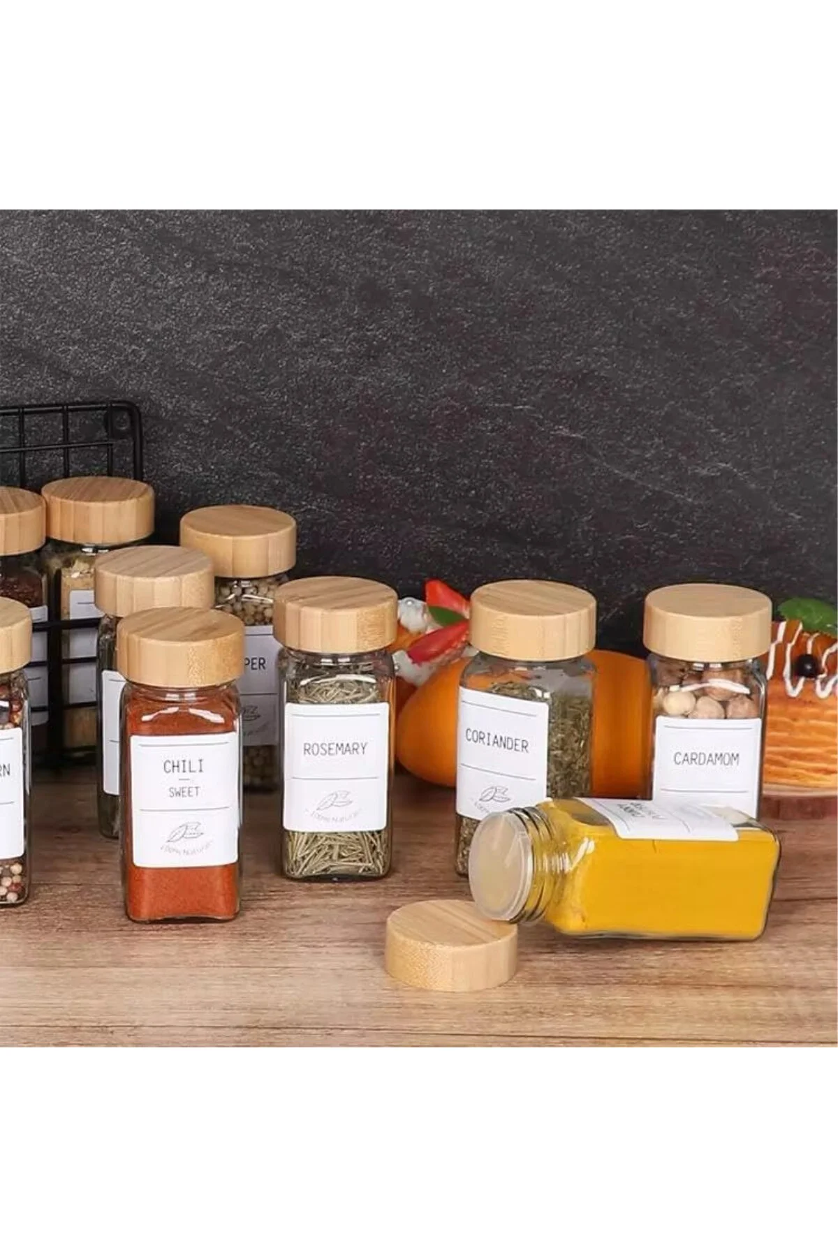 12'li Bambu ve Akasya Kapaklı Cam Baharatlık Seti 120 ml - Doğal Ahşap Kapaklı, Şeff