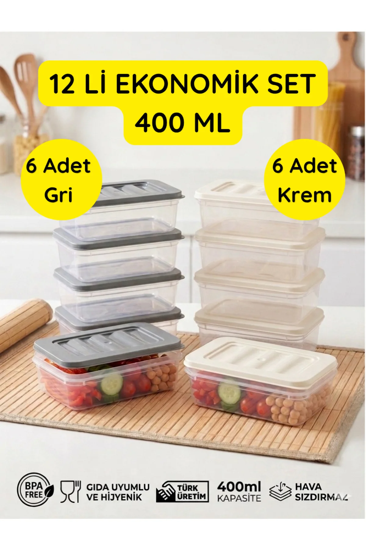 12'li Ekonomik Saklama Kabı Seti - 400 ml Erzak ve Bulaşık Makinesinde Yıkanabilir Düzenleyici - 6 Gri 6 Krem