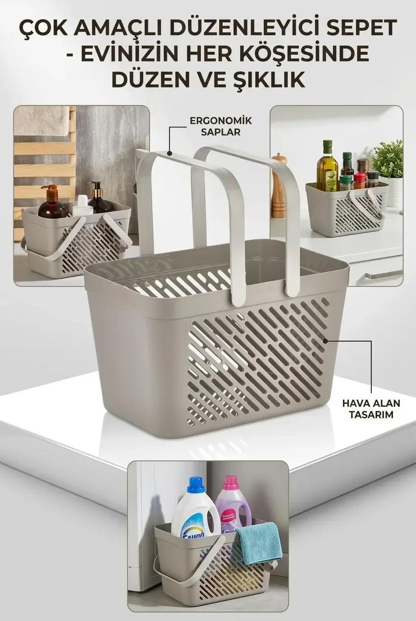 12'li Gri Çok Amaçlı Kulplu Sepet Mutfak Banyo Organizer Ekonomik Set