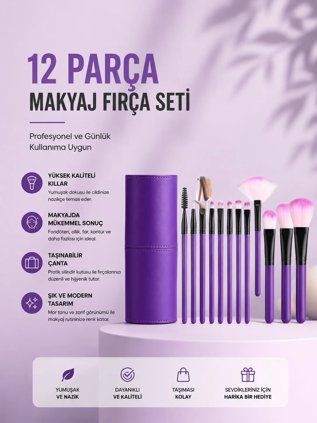 12'li Makyaj Fırça Seti Yumuşak Kıllı Profesyonel Kullanıma Uygun