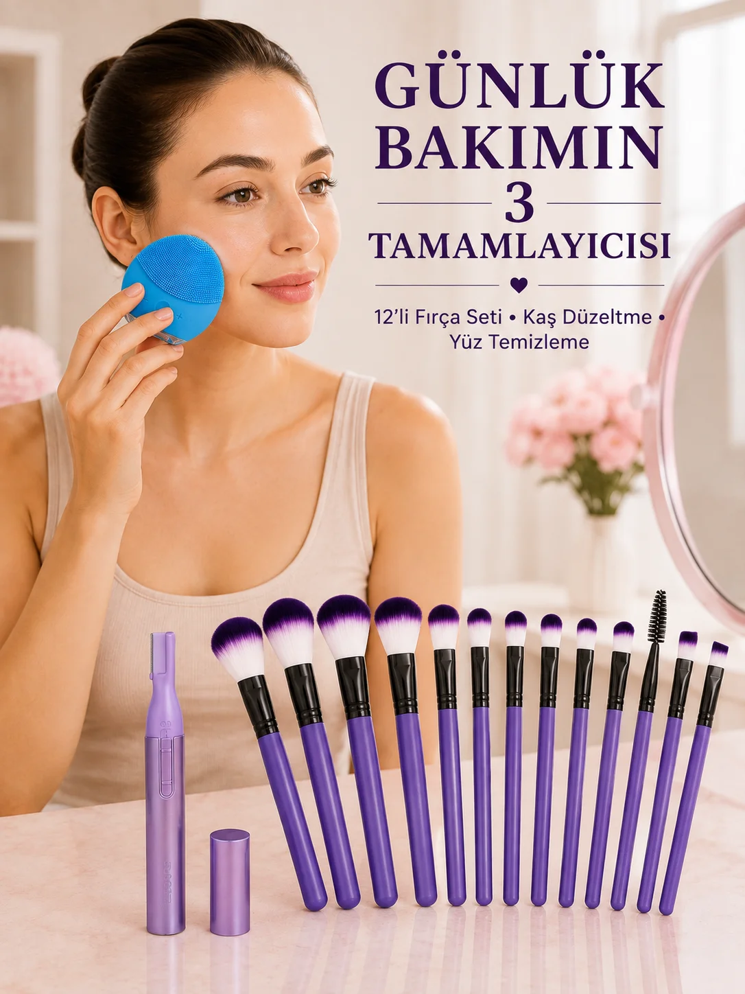 12’li Makyaj Fırça Seti Kaş Düzeltme Cihazı ve Yüz Temizleme Cihazı 3’lü Kadın Güzellik ve Bakım Seti 12’li Makyaj Fırça Seti Kaş Düzeltme Cihazı ve Yüz Temizleme Cihazı 3’lü Kadın Güzellik ve Bakım Seti