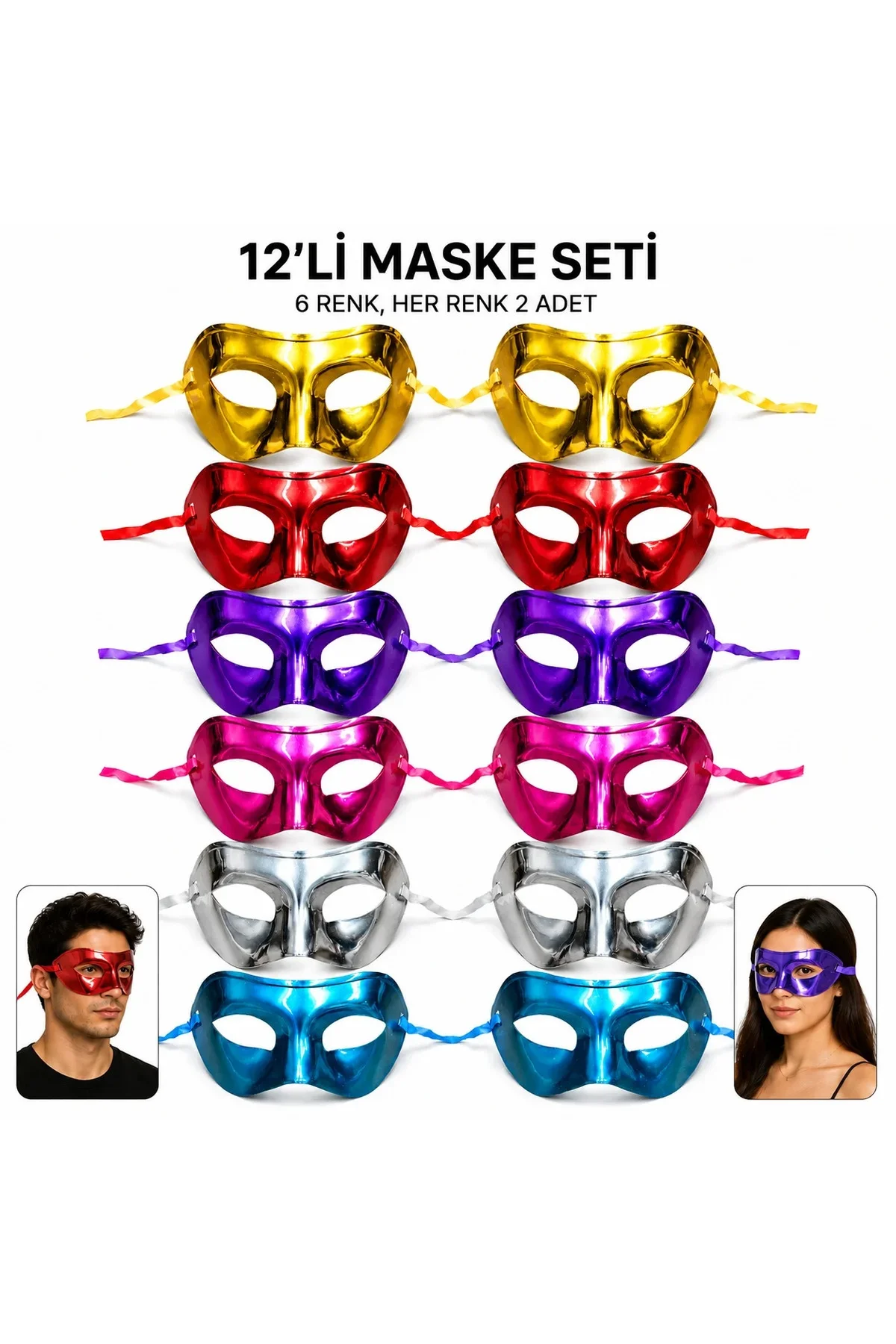 12'li Metalik Venedik Toptan Parti Maskesi Seti – 6 Renk Karışık 12'li Metalik Venedik Toptan Parti Maskesi Seti – 6 Renk Karışık