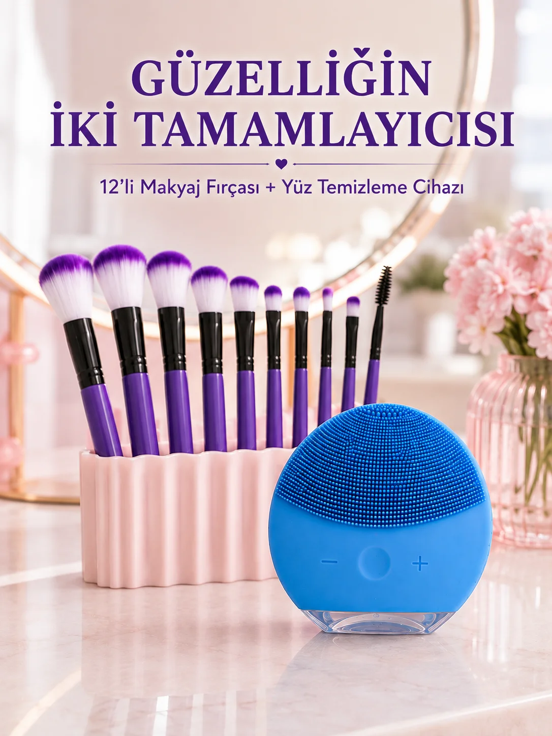 12’li Mor Makyaj Fırça Seti ve Silikon Yüz Temizleme Cihazı İkili Makyaj ve Cilt Bakım Seti Fiyatı, Yorumları ve Özellikleri