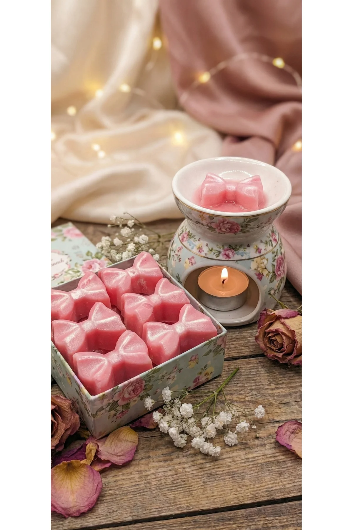 12'li Pembe Simli Fiyonk Desenli Vegan Buhurdanlık Soya Mum