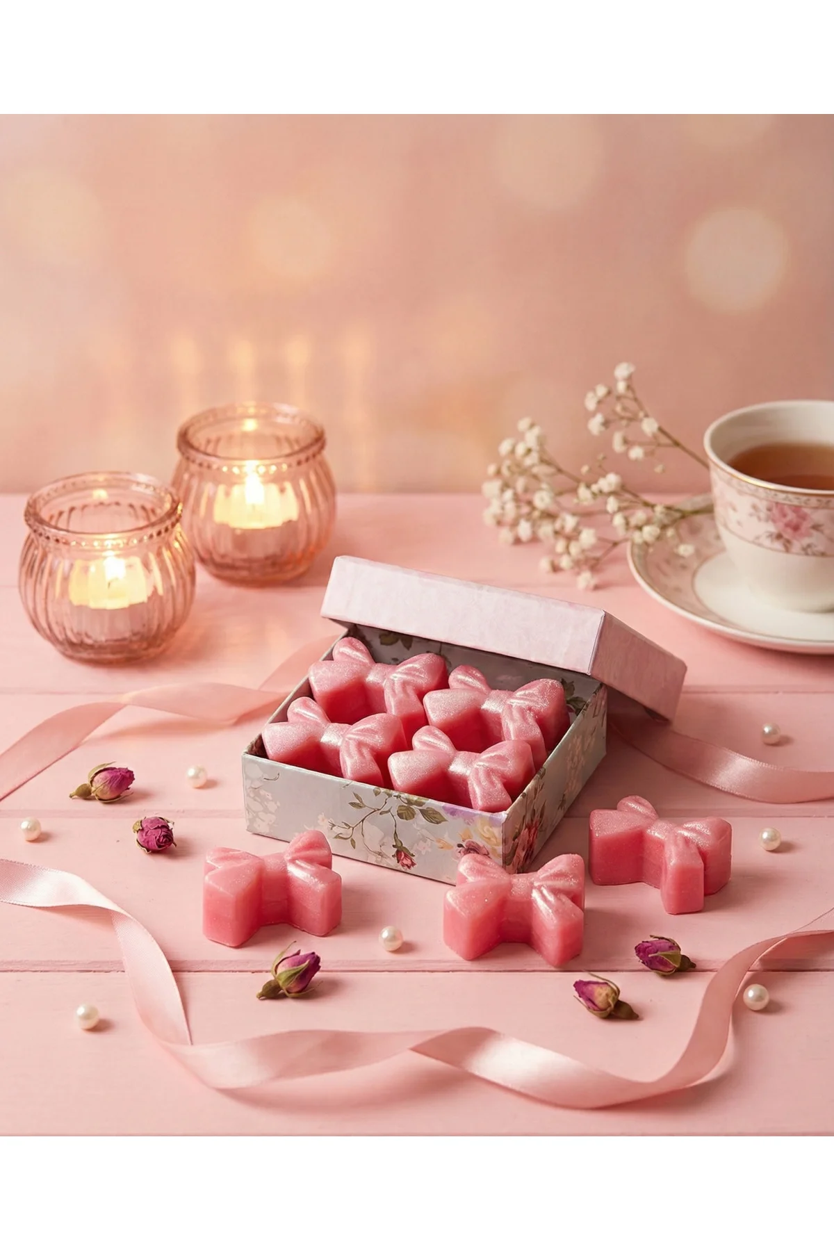 12'li Pembe Simli Fiyonk Desenli Vegan Buhurdanlık Soya Mumu