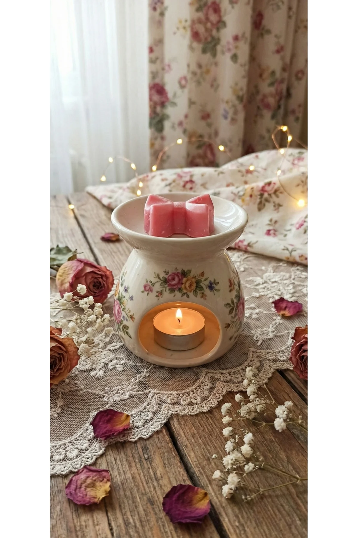 12'li Pembe Simli Fiyonk Desenli Vegan Buhurdanlık Soya Mum