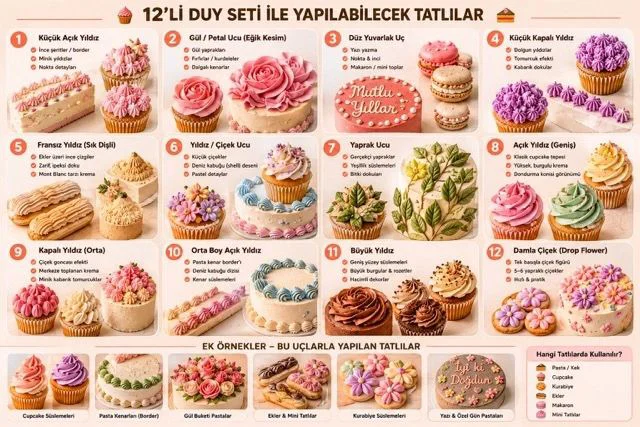 12'li Profesyonel Paslanmaz Çelik Pastacı Duy Seti – Süsleme ve Dekorasyon Uçları Fiyatı, Yorumları ve Özellikleri