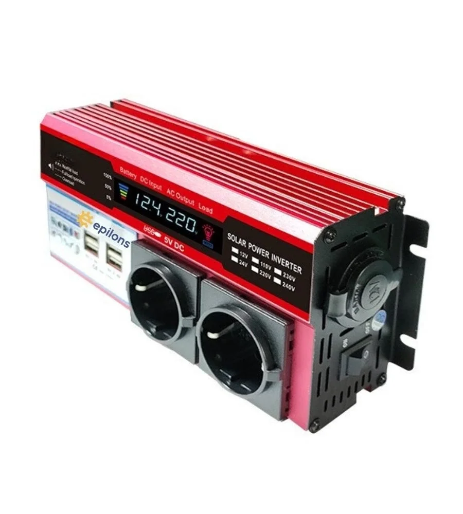 12V 2000W Modifiye Sinus İnverter Araç ve Güneş Enerjisi Uyumlu, Çift USB, Çift Priz ve Çakmaklık