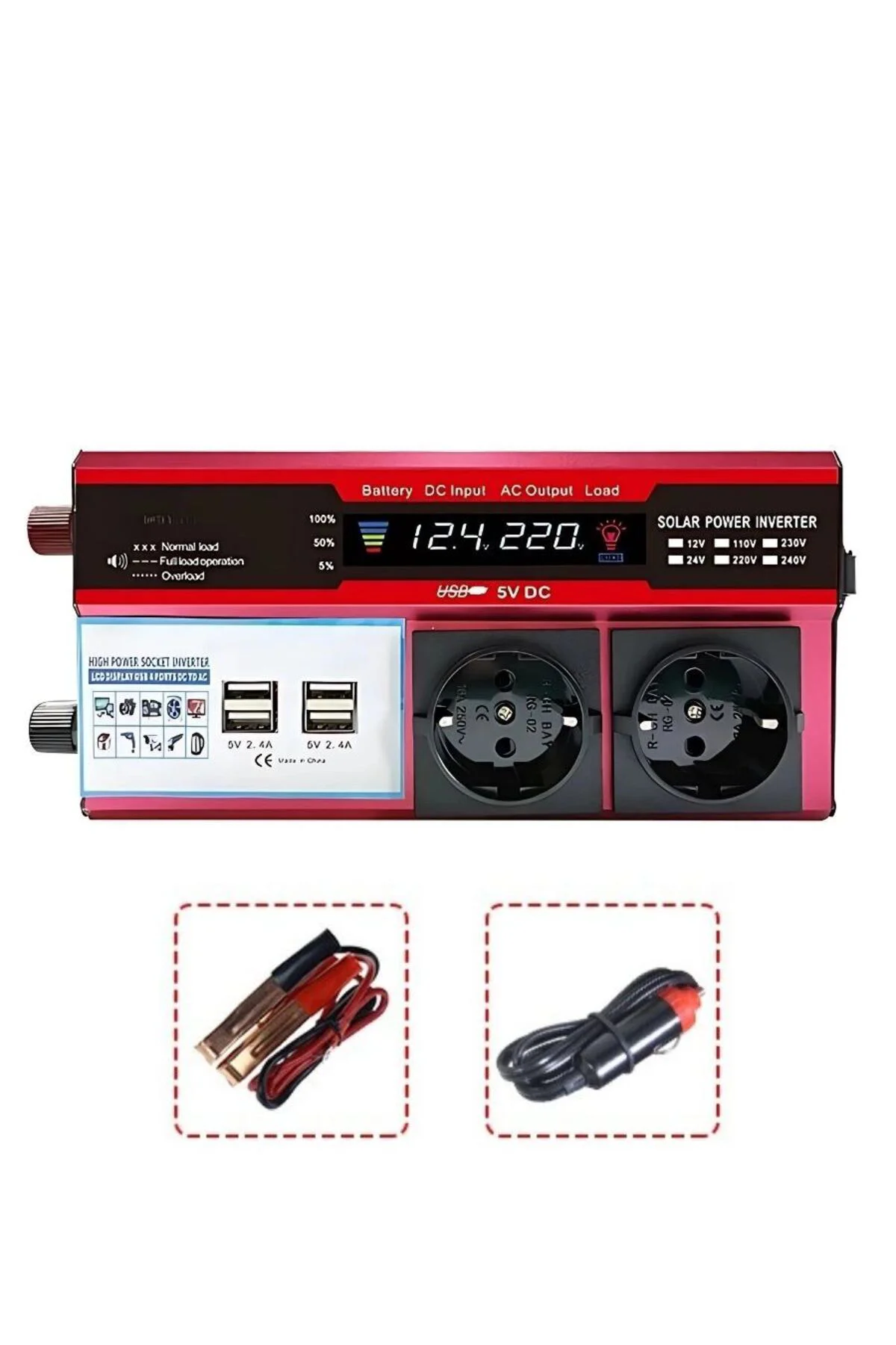 12v 2000w Modifiye Sinus İnverter Araç Ve Güneş Enerjisi Uyumlu, Çift Usb, Çift Priz Ve Çakmaklık