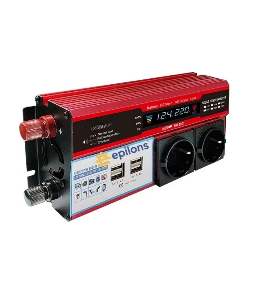 12V 2000W Modifiye Sinus İnverter Araç ve Güneş Enerjisi Uyumlu, Çift USB, Çift Priz ve Çakmaklık
