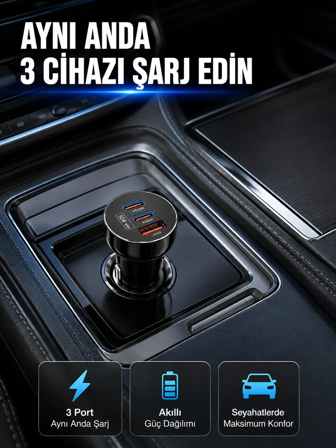 12V 24V Uyumlu 60W Araç İçi Şarj Adaptörü Çoklu Hızlı Şarj Cihazı