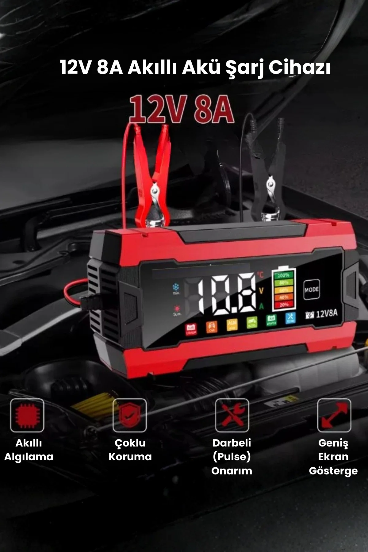 12V 8A Akıllı Akü Şarj Cihazı 12V 8A LCD Ekranlı Pulse Repair Otomatik Akü Şarj &amp; Desülfatör