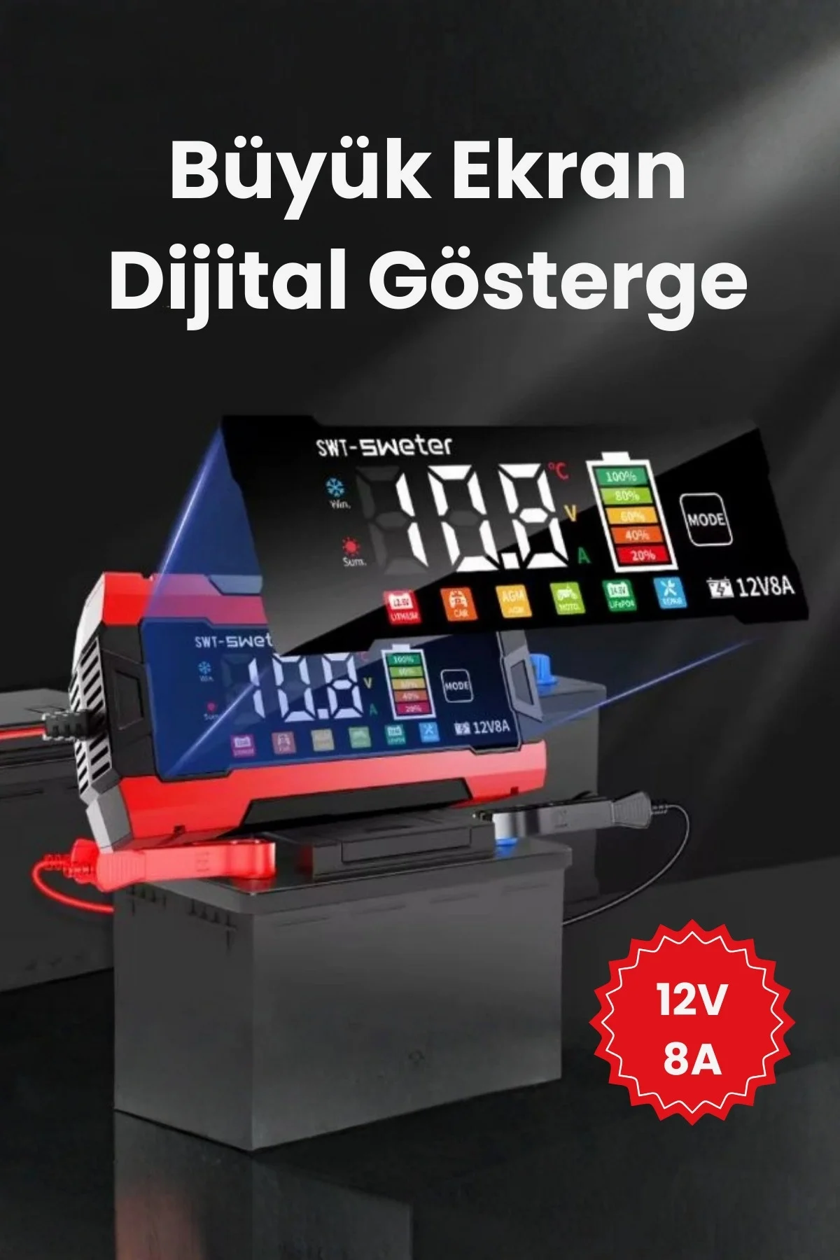 12V 8A Akıllı Akü Şarj Cihazı 12V 8A LCD Ekranlı Pulse Repair Otomatik Akü Şarj &amp; Desülfatör