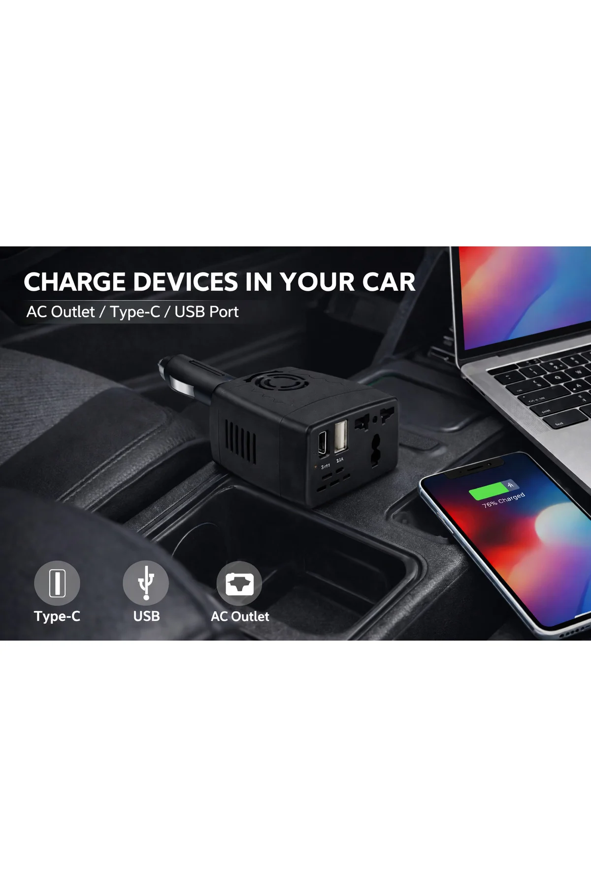 12V Araç İnvertörü 220V Priz Çevirici + USB + Type-C 150W 12V Araç İnvertörü 220V Priz Çevirici + USB + Type-C 150W