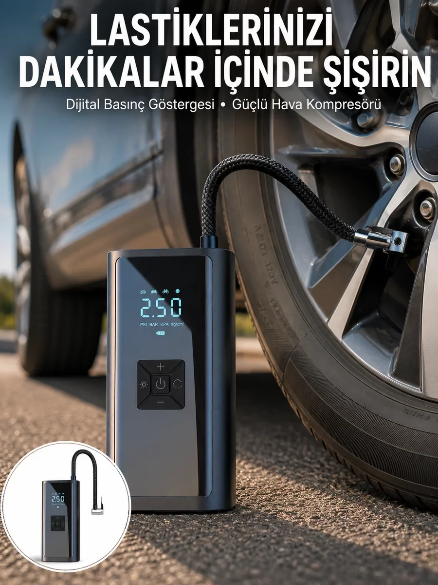 12V Kablosuz Akıllı Lastik Pompası - 80W Çok Fonksiyonlu Seyahat Çantası İçin