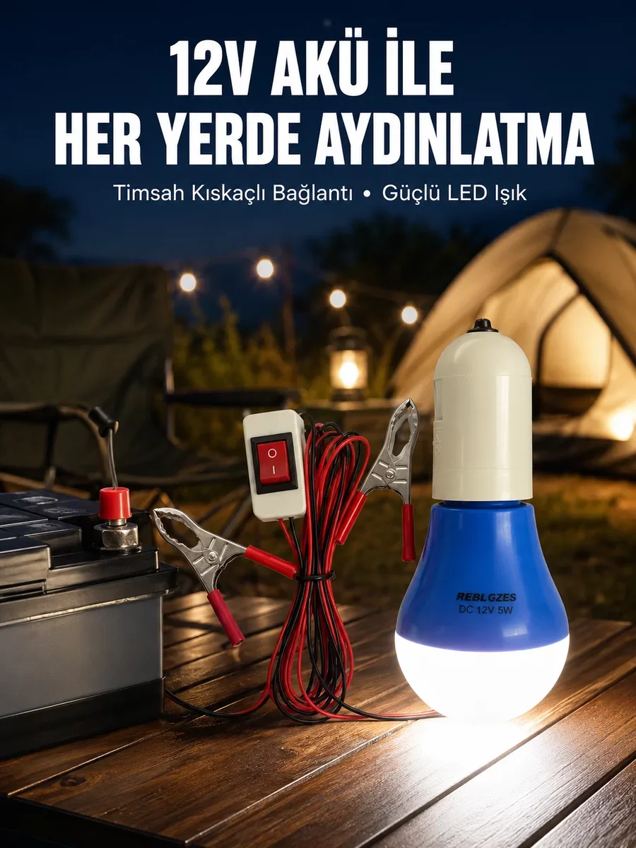 12V LED Ampul Timsah Kıskaçlı Taşınabilir Aydınlatma - Elektriksiz Ortamlarda Güvenli Çözüm