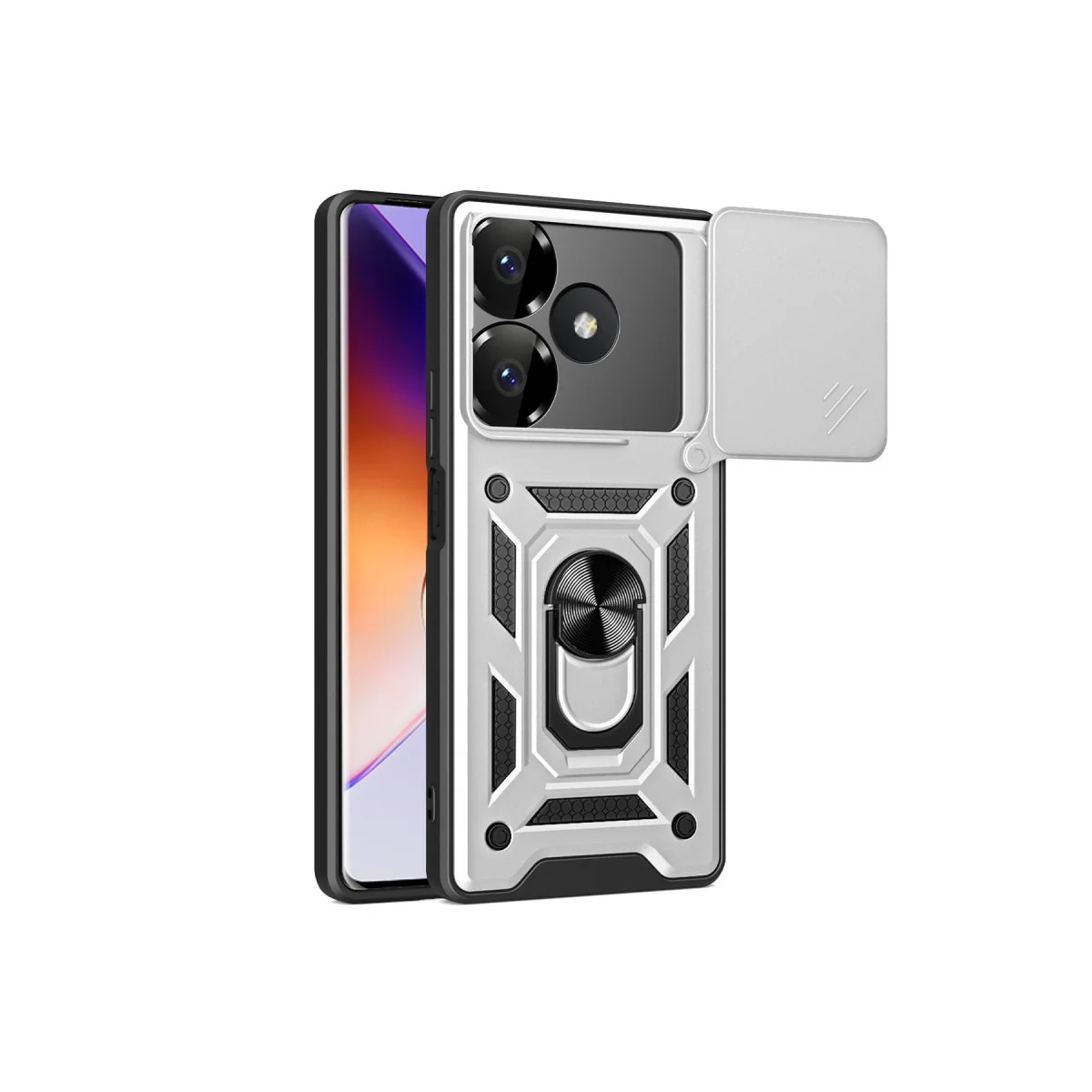 13 4G Silikon Kılıf - Lens Korumalı, Darbe Önleyici ve Metal Standlı Gümüş