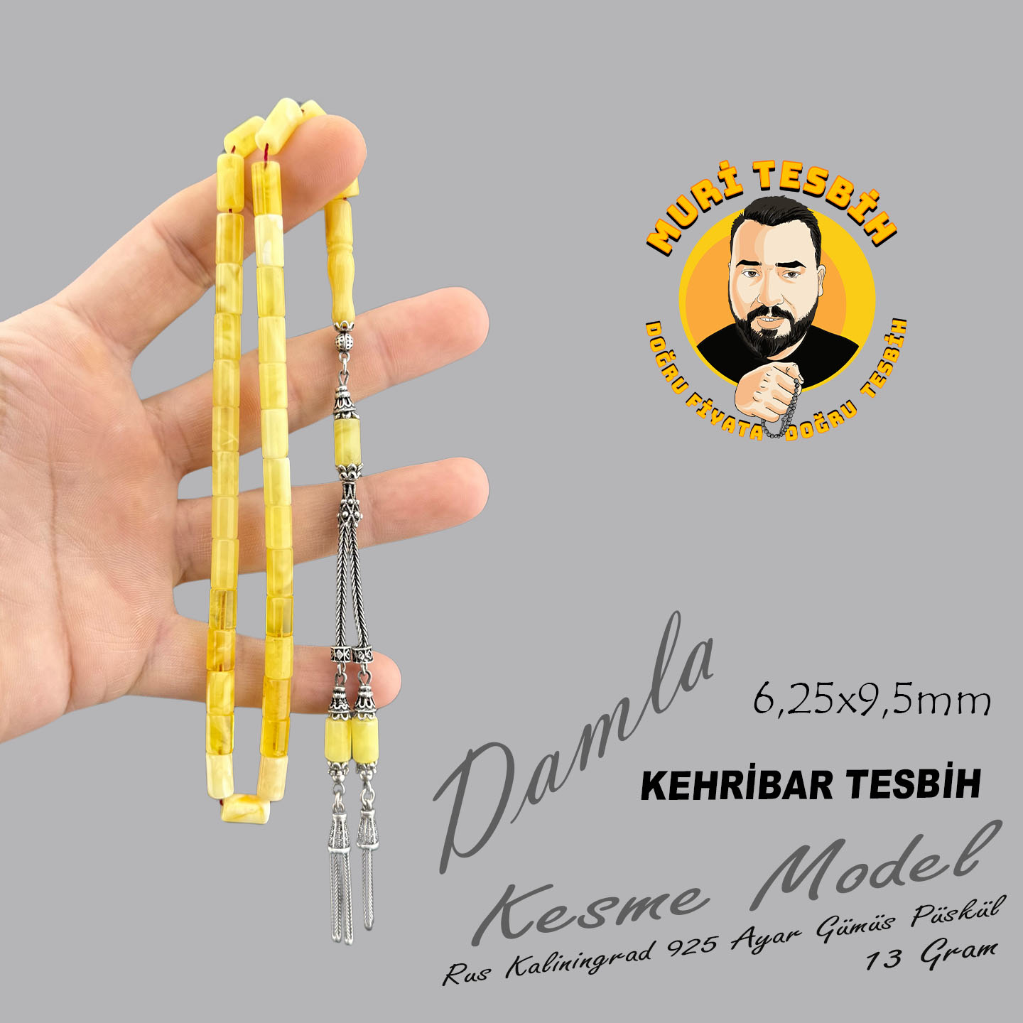 Muri Tesbih 13 Gr Rus Kaliningrad Damla 925 Ayar Gümüş Psüküllü Kesme Model 6