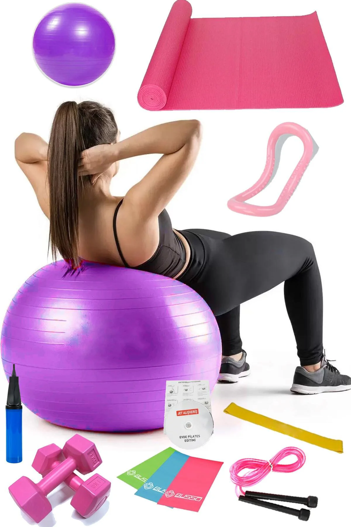 13 Lü Pilates Seti Topu 3 Lü Pilates Bandı Lastiği Dambıl Minder 