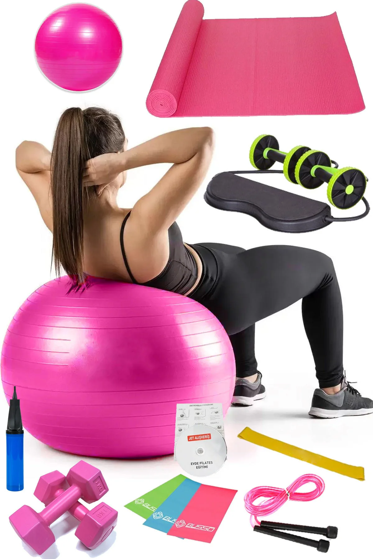 13 Lü Pilates Seti Topu 3 Lü Pilates Bandı Lastiği Dambıl Minder 