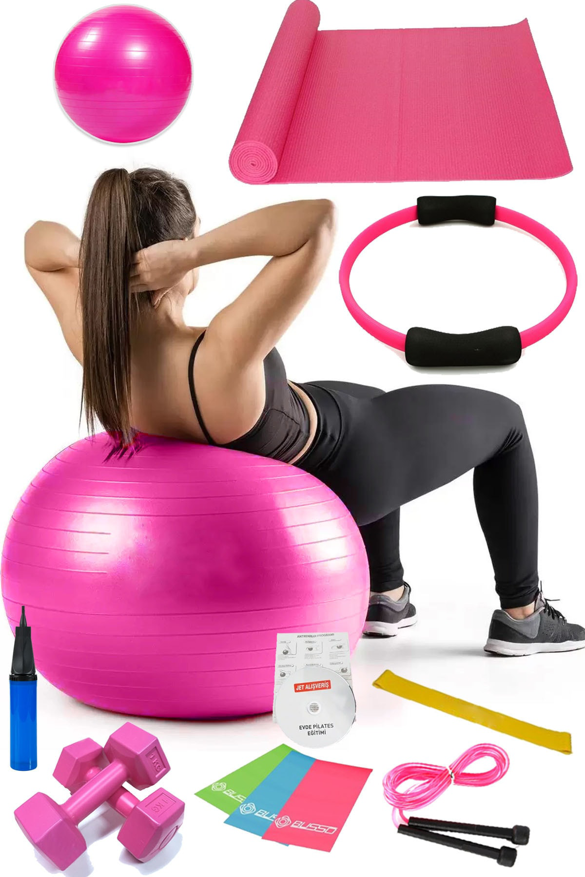 13 Lü Pilates Seti Topu 3 Lü Pilates Bandı Lastiği Dambıl Minder