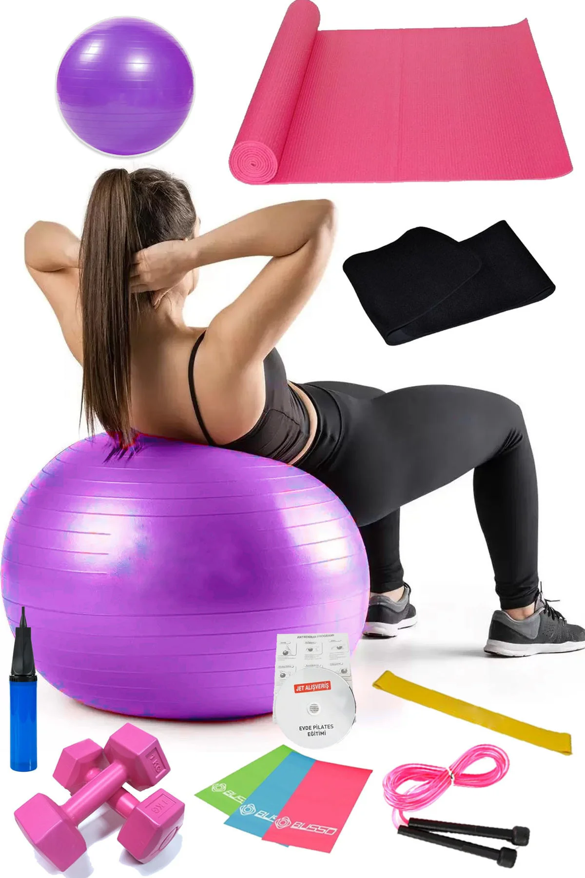 13 Lü Pilates Seti Topu 3 Lü Pilates Bandı Lastiği Dambıl Minder 